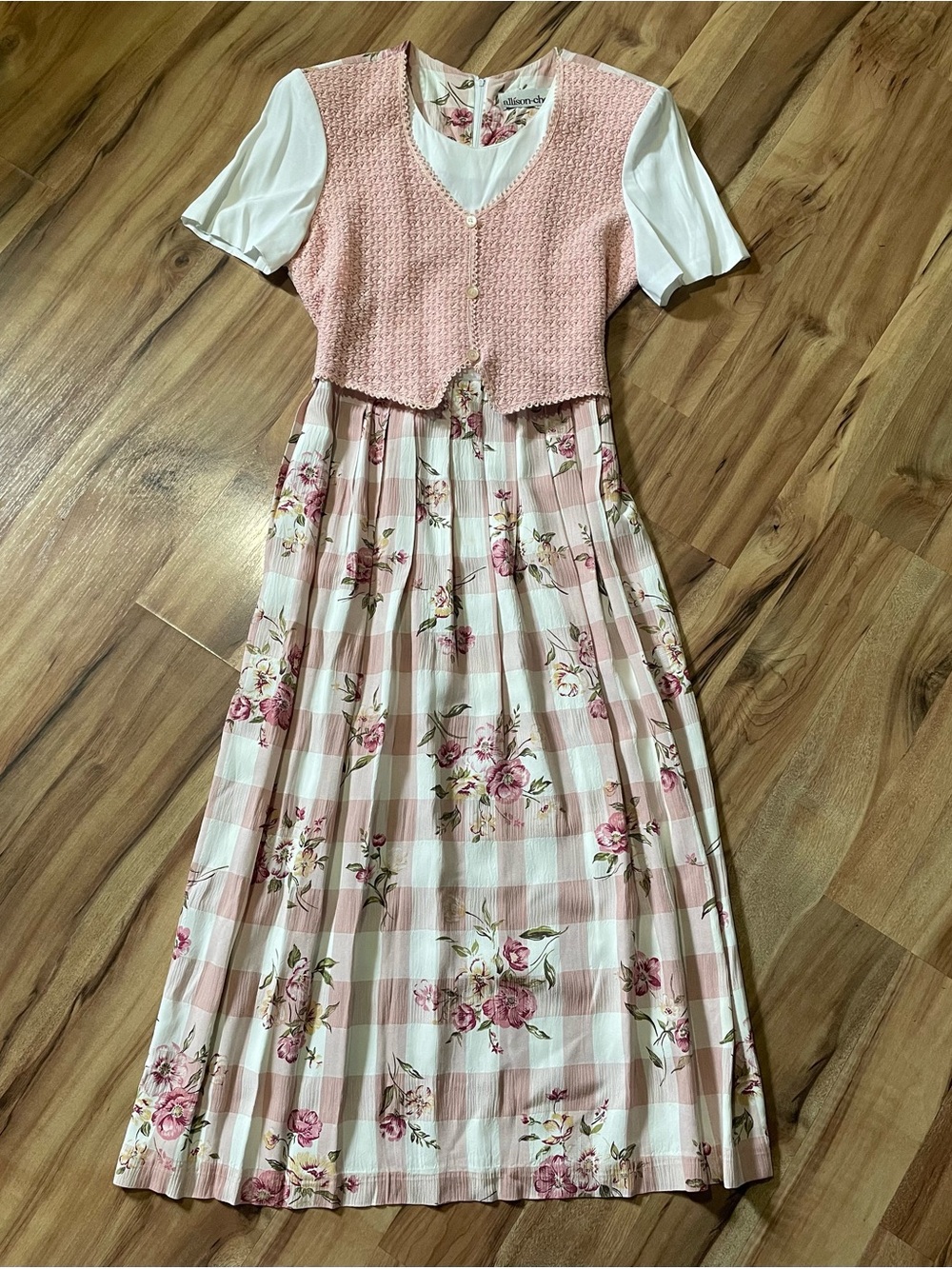 VTG 90s Allison Ché Pink Floral Gingham Maxi Dress Vest Overlay Cottagecore M